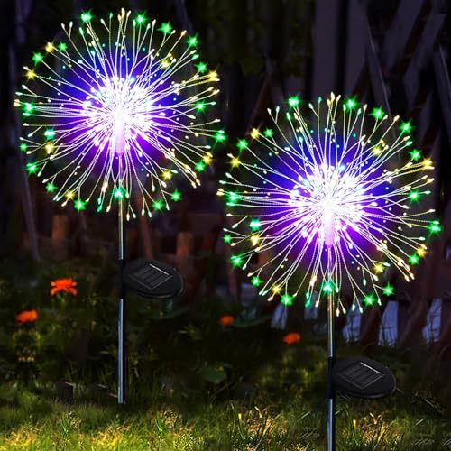yowin Solarleuchten für Außen Garten 2 Stück 120 LED Solar Pusteblume Gartenbeleuchtung, 8 Modi Solarlampen Gartenstecker Winterfest Solarlicht Feuerwerk für Weg Balkon Blumenkasten Deko - Mehrfarbig von yowin