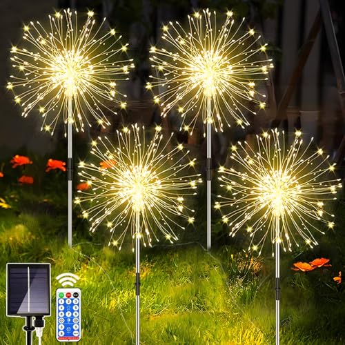 yowin Solarlampen für Außen 4x120 LED Solarleuchten Pusteblume Gartenstecker mit Fernbedienung, 8 Modi Feuerwerk Gartenbeleuchtung Winterfest Gartenlichter Solar für Balkon Weg Blumenkasten Deko von yowin