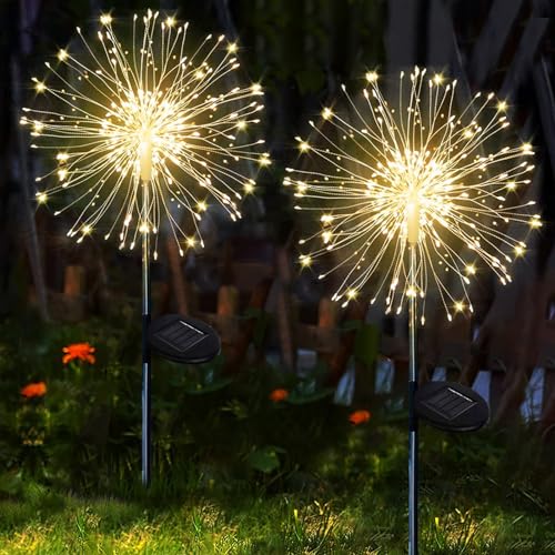 yowin Gartendeko Solarleuchten für Außen, 2 Stück 120 LED Solarlichter Pusteblume, 8 Modi Solarstecker Gartenbeleuchtung Wetterfest Solarlampen Feuerwerk für Garten Balkon Terrasse Blumenkästen Deko von yowin