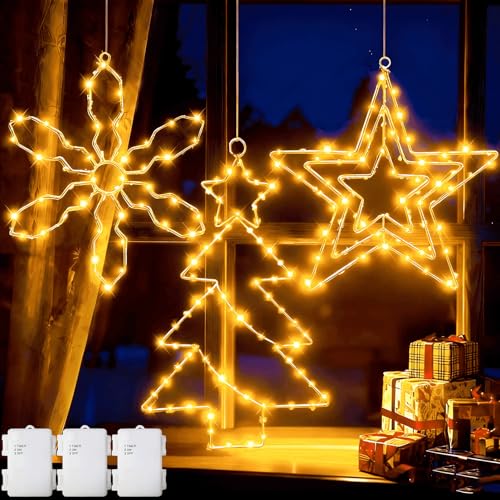 Yowin Weihnachtsbeleuchtung Fenster 3 Stück LED Stern/Weihnachtsbaum/Schneeflocke Weihnachtsdeko Fenster, Weihnachtsstern Beleuchtet zum Aufhängen mit Batteriebetriebene, Timer für Innen Außen Deko Yowin Weihnachtsbeleuchtung Fenster 3 Stück LED Stern/Weihnachtsbaum/Schneeflocke Weihnachtsdeko Fenster, Weihnachtsstern Beleuchtet zum Aufhängen mit Batteriebetriebene, Timer für Innen Außen Deko von yowin