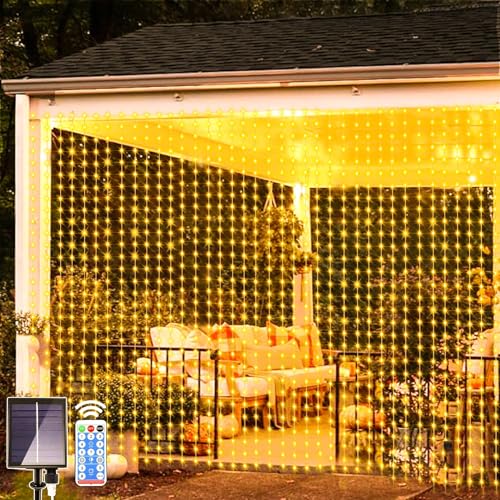 yowin Solar Lichtervorhang Aussen 3×3m 300 LED Lichterketten Vorhang mit Fernbedienung, 8 Modi Pavillon Beleuchtung Wasserdicht Lichterkette Hängend für Pavillon Balkon Boho Hochzeit Deko - Warmweiß von yowin