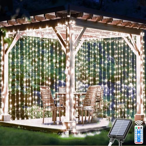 yowin Solar Lichtervorhang Aussen 3×3m 300 LED Lichterketten Vorhang mit Fernbedienung, 8 Modi Pavillon Beleuchtung Wasserdicht Lichterkette Hängend für Pavillon Balkon Boho Hochzeit Deko - Weiß von yowin