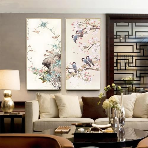 ytonghao Chinesische klassische Tinte Blumen Vögel Pflanzen Wandkunst Drucke Poster Raumdekor Leinwand Malerei Home Schlafzimmer Wandbilder 19,6 "x 39,4" (50 x 100 cm) x2 Kein Rahmen von ytonghao
