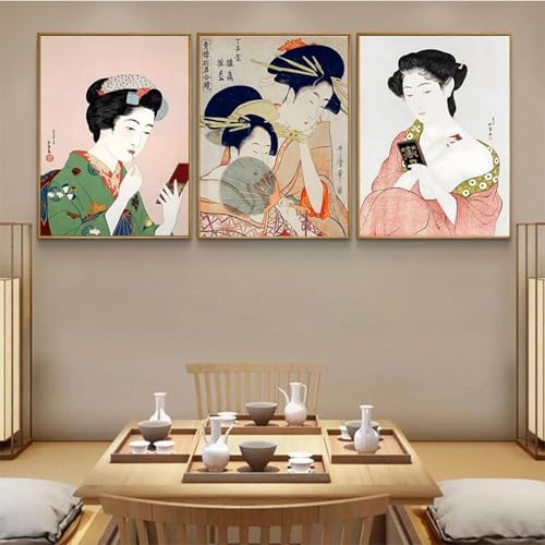ytonghao Retro Japan Ukiya Japanische Geisha-Frau Leinwandmalerei Kunstplakate und -drucke Wandkunst Bild Wandbild Raumdekoration 40 x 60 cm x 3 Kein Rahmen von ytonghao