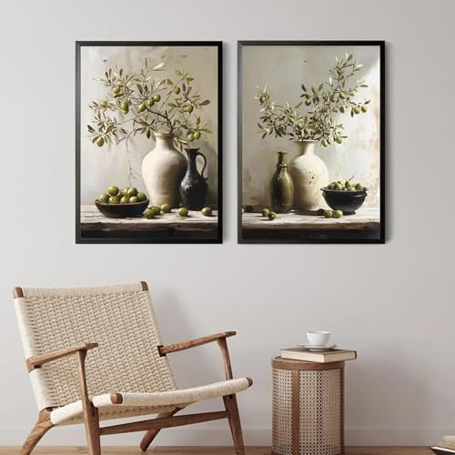 ytonghao Vintage Stillleben Poster Drucke Zitronen Olivenbaum Pflanzen in Vase Wandkunst Leinwand Malerei Botanisches Zuhause Zimmerdekor 19,6" x 27,5"(50x70cm) x2 Kein Rahmen von ytonghao