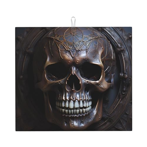 Abtropfmatte mit kupferfarbenem Totenkopf-Design für die Küche. Wasserabsorbierend, schnell trocknend, rutschfest, geeignet für Geschirr, einfach zu lagern und zu reinigen. von yuangjhop
