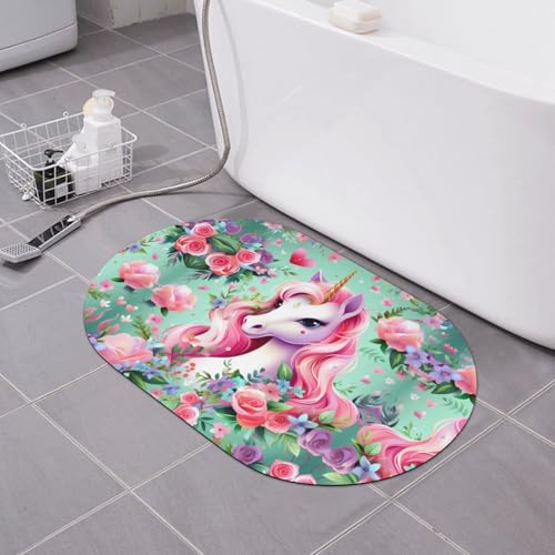 yuangjhop Rosa Einhorn-Diatomeen-Bodenmatte, rutschfest, saugfähig, schnell trocknend, desodorierend, Badezimmer-Fußmatte, super dick, weich von yuangjhop