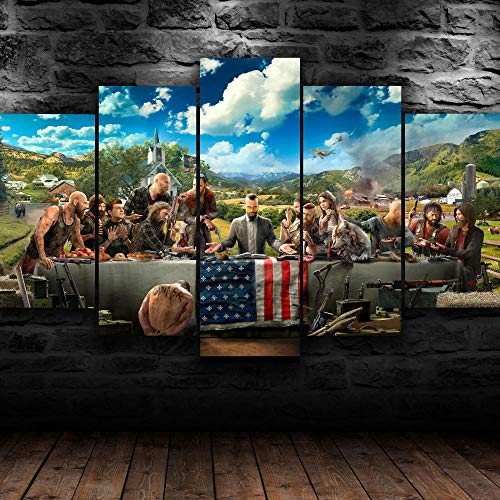 yuanjun 3D Leinwanddrucke,Modulare Wandkunst Wandaufkleber,5 Teiliges Wandbild,Größe 150 X 80 cm Leinwandbild, Wandbilder XXL Far Cry 5 Neues Eden Letztes Abendessen von yuanjun