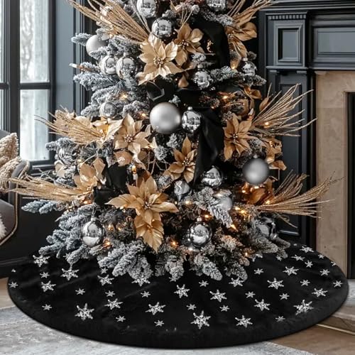 yuboo Schwarzer Gothic-Weihnachtsbaumrock, 121,9 cm, flauschiger Fell-Baumteppich mit silbernen Pailletten, Schneeflocken für schwarz-silberne Weihnachtsdekoration und Ornamente von yuboo