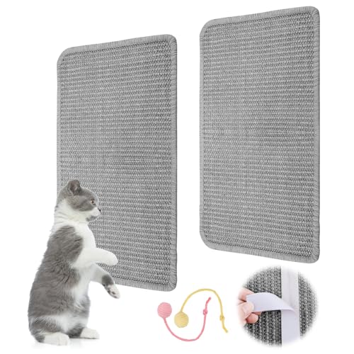 2 Stück Kratzmatte Katze, Kratzbretter Katze Sisal 50x25cm, Sisal Teppich Katzen Kratzteppich mit Sisalball, Kratzmatte für Katze Wand, Katzenkratzmatte für Sofa Möbel Tür Kratzschutz (Grau) von yue