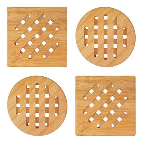 Topfuntersetzer aus Bambus, 4 Stück Hitzebeständiger Tischset Natürliche Quadratisch und Rund Holz Untersetzer für Küche Schüssel Töpfe Teller (15cm) von yue