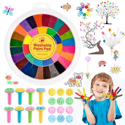 Stempelkissen Bunt, 36 Farben Fingerabdruck Stempelkissen Kinder Ungiftig Abwaschbar mit Malbuch, Silikonstempe, Fingermalerei Kit Kinder für Stoffmalerei, DIY, Papierbasteln, Geburtstag Geschenk von yue