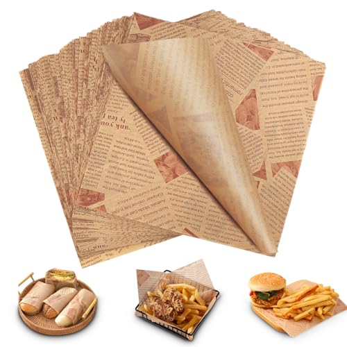 yuejuhe 200 Blatt Deli Papierblätter, Backpapier Zeitungsoptik, Einweg Wrap Papier, Fettdichtes Papier für Lebensmittelkörbe, Brotpapier für Pommes Sandwich Burger Butterbrot Käse (25 x 25 cm) von yuejuhe
