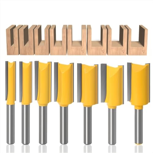 Yuentoen 7-teiliges Nutfräser-Set,6,35mm Schaft (1/4"),3-12mmPräzisions-Holzfräser für Oberfräsen,Zweischneidige Geradfräser,Profi-Fräswerkzeug für Nut-Schlitzfräsarbeiten (Gelb) von yuentoen