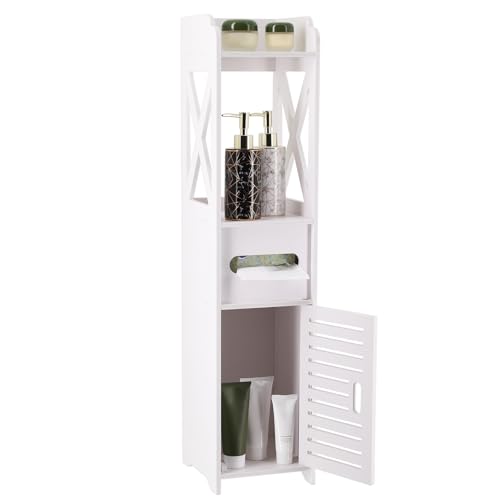 yulewiix Badezimmerspeicherschrank, kleine Räume Bodenschrank, schmaler Toilettenpapierhalter, mit Tür und Regalen wasserdichter Lagerorganisator Multifunktionaler Seiten Organizer Rack Standtisch von yulewiix