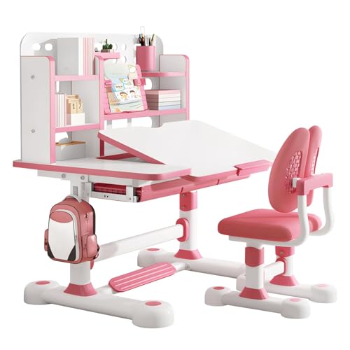 yulewiix Kinderschreibtisch, Kid's Study Desk und Stuhl Set, Height Penctable Children's Set mit Bücherregal Lagerschublade, 50-Grad-Neigungsschiff-Desktop-Studientisch für Rosa von yulewiix