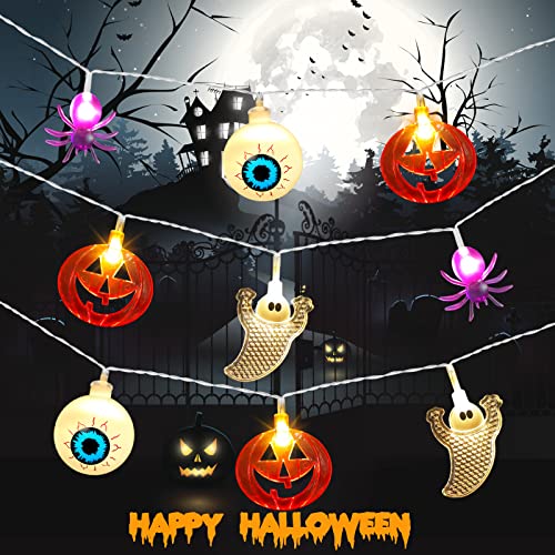 Halloween Lichterketten, 20 LED Halloween Dekolichter, Halloween Deko Lichterkette, Halloween Led Lichterkette mit Kürbis-Geist-Spinnen-Augapfel für Halloween Dekorationen im Innen und Außenbereich von yumcute