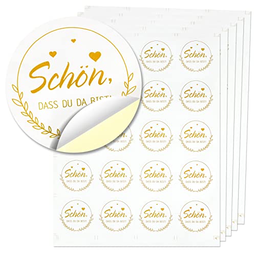 yumcute 100 Stück Runde Aufkleber SCHÖN DASS DU DA BIST Selbstklebende Sticker für Hochzeit Gastgeschenke Taufe Kommunion Geburtstag Feste Geschenke (4.2cm Durchmesser, Golden) von yumcute