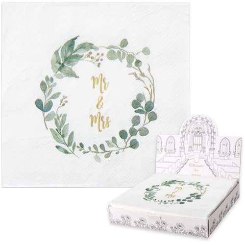 yumcute 40 Stück Servietten Hochzeit Mr Mrs, 3-lagig 33x33 cm Hochzeits Servietten Eukalyptus Blättern, Hochzeit Servietten Vintage für Party, Hochzeitsdeko und Tischdeko Hochzeit(Grün & Weiß) von yumcute