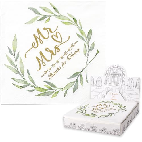 yumcute 40 Stück Servietten Hochzeit Mr Mrs, 3-lagig 33x33 cm Hochzeits Servietten Eukalyptus Blättern, Hochzeitsservietten, Hochzeit Servietten Vintage für Party, Hochzeitsdeko und Tischdeko Hochzeit von yumcute