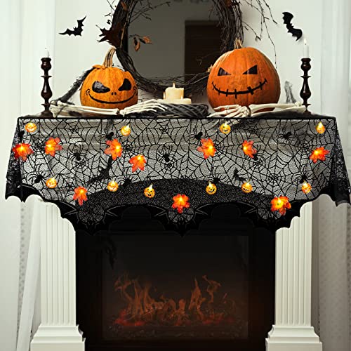 yumcute Black Halloween Fireplace Cloth and Maple Leaf Fairy Lights, Pumpkin Decoration, Maple Leaf Fairy Lights, Autumn Leaf Garland, for Halloween Indoor and Outdoor Party Supplies von yumcute
