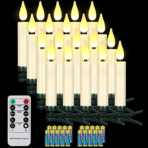 yunsheng 20 stk LED Weihnachtsbaumkerzen kabellos mit Fernbedienung Timer, Batteriebetriebene Flammenlose Flackern Weihnachtskerzen, Christbaumkerzen lichterkette, IP64, (Enthält 20 Batterien) von yunsheng