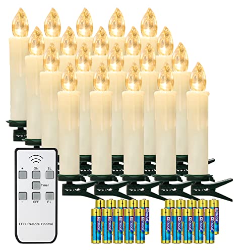 yunsheng 20er Weihnachtsbaumkerzen mit Fernbedienung und Timer, Warmweiß Christbaumkerzen Kabellos, Batteriebetriebene Flammenlose Flackern Weihnachtsbaum Lichterkette, IP64, (Enthält 20 AA-Batterien) von yunsheng