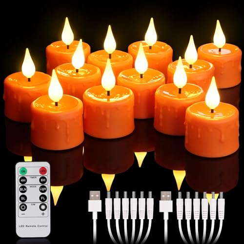 yunsheng 12 Orange Stück Wiederaufladbare Teelichter mit Fernbedienung und 4/6H Timer, Aufladbar Flammenlose Flackernde LED Kerzen mit 2 Stück USB-Kabel, 3D-Silikon Docht, Warmweißes für Hause Deko von yunsheng
