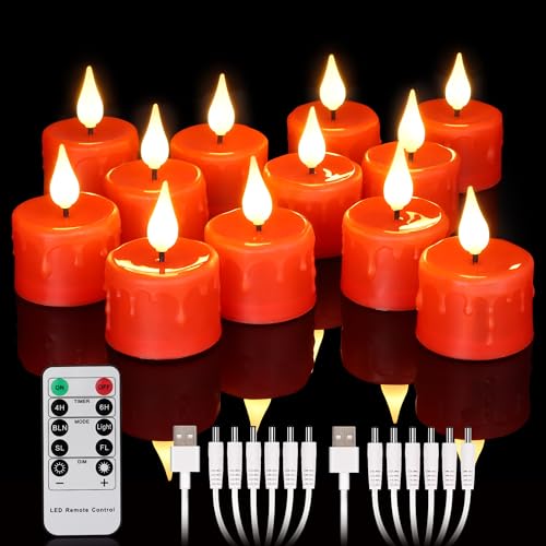 yunsheng 12 Stück Rot Wiederaufladbare Teelichter mit Fernbedienung und 4/6H Timer, Aufladbar Flammenlose Flackernde LED Kerzen mit 2 Stück USB-Kabel, 3D-Silikon Docht, Warmweißes Licht für Hause Deko von yunsheng