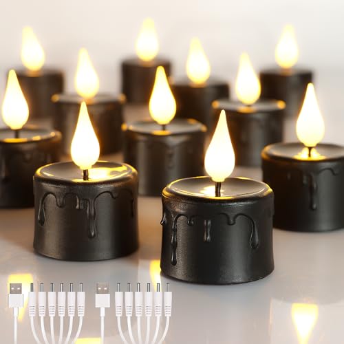 yunsheng 12Stk Schwarz Wiederaufladbare flammenlose Teelichter Kerzen mit 6H Timer, Batteriebetriebene LED Elektrische kerzen mit 2 Stück USB-Kabel, Flackern für Haus Laterne Kerzenhalter Dekoration von yunsheng