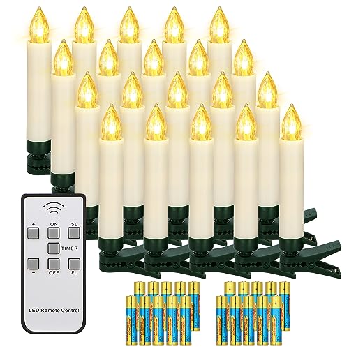 yunsheng 20 Stk Weihnachten LED kerzen, Kabellose Weihnachtsbaumkerzen mit Fernbedienung Timer, Batteriebetriebene Flammenlose Flackern Christbaumkerzen lichterkette, IP64, (Enthält 20 AAA-Batterien) von yunsheng