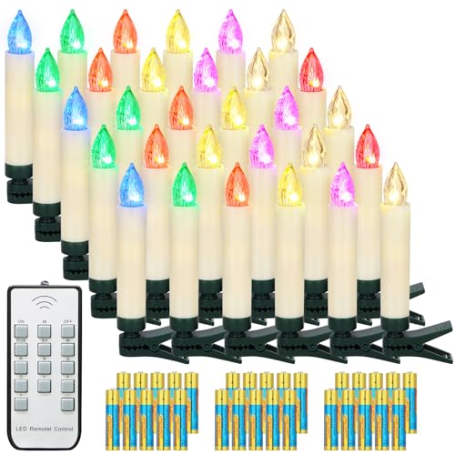 yunsheng 30Stk RGB Weihnachten LED kerzen, Kabellose Weihnachtsbaumkerzen mit Fernbedienung Timer, Batteriebetriebene Flammenlose Flackern Christbaumkerzen lichterkette, IP64, (Enthält AAA-Batterien) von yunsheng