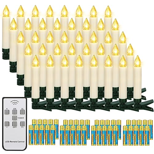 yunsheng 40 Stk Weihnachten LED kerzen, Kabellose Weihnachtsbaumkerzen mit Fernbedienung Timer, Batteriebetriebene Flammenlose Flackern Christbaumkerzen lichterkette, IP64, (Enthält 40 AAA-Batterien) von yunsheng