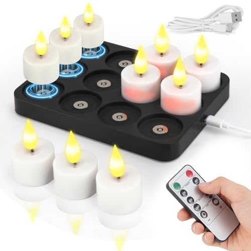 yunsheng Wiederaufladbare Teelichter mit Fernbedienung Timer & Magnetisches Ladestation, 12Stk Batteriebetriebene Aufladbar Flammenlose LED Kerzen Flackern für Haus Kerzenhalter Dekoration von yunsheng
