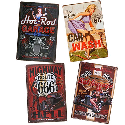 4 Stück Service Pin Up Schilder Hot Rod Garage Blechposter Route 666 Metall Wandkunst (D) von yunuo