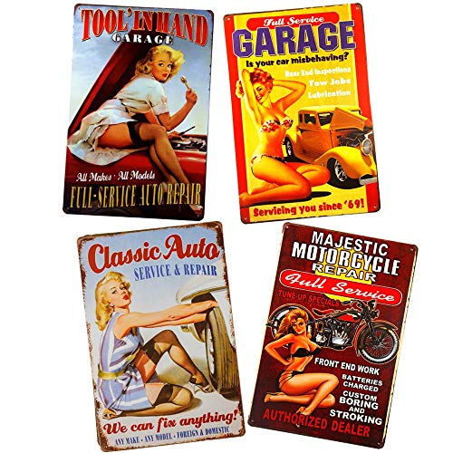 4 Stück Vintage Service Garage Schilder Motoröle Tankstelle Pin Up Metall Wandkunst Dekor (F) von yunuo