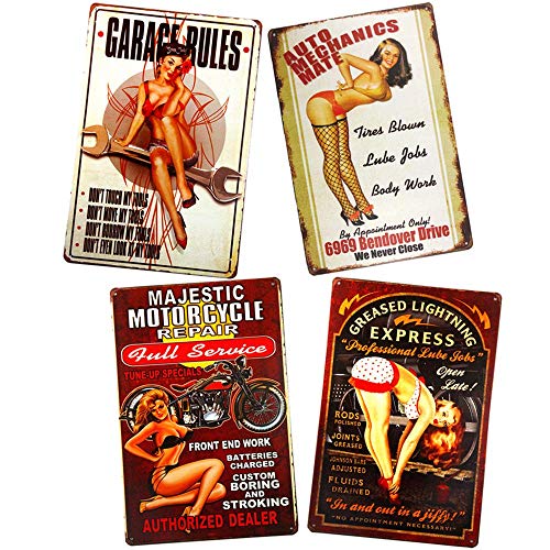 4 Stück Warnschilder Garage Rules Pin Up Vintage Metallschilder Wandkunst Dekor (I) von yunuo