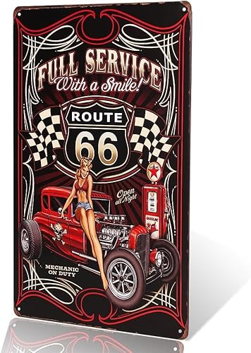 yunuo Metallschild, englischer Aufdruck: „Full Service Hot Rod Route 66“, lächelnde Pin-Up-Girls von yunuo