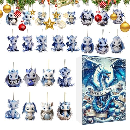 Drachen Adventskalender 2024, 2024 Weihnachts-Drachen -Countdown-Kalender, 24 Tage Weihnachts Countdown Kalender mit 24 Drachen-Acryl-Hängeanhänger Für Kinder & Adults von yupeuooe