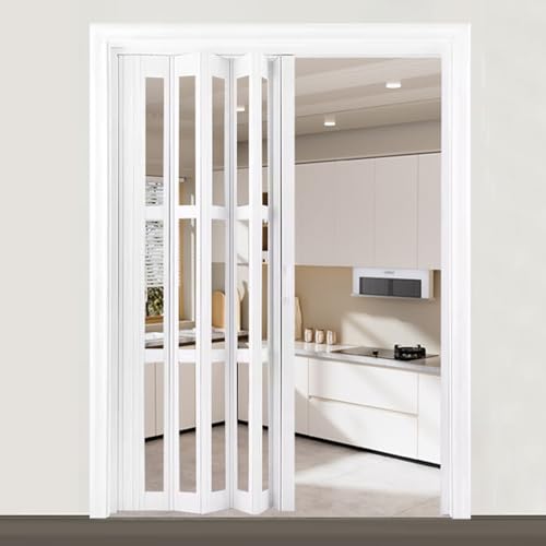 yurstcggh Transparente Schiebetür,Innenraum Falttür in PVC Weiß,Plattendicke 1,2 cm, langlebig,Einziehbar und platzsparend,Raumtrenner Innentür Dachboden Küche Balkon Kellereingang 116×178cm von yurstcggh