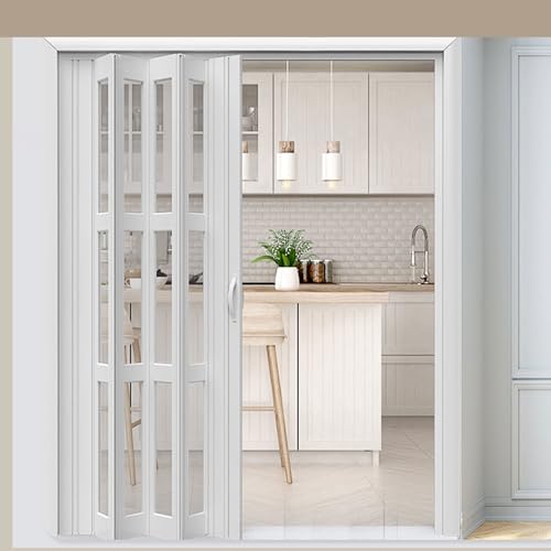 yurstcggh Transparente Schiebetür,Innenraum Falttür in PVC Weiß,Plattendicke 1,2 cm, langlebig,Einziehbar und platzsparend,Raumtrenner Innentür Dachboden Küche Balkon Kellereingang 116×213cm von yurstcggh
