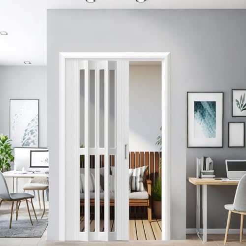 yurstcggh Transparente Schiebetür,Innenraum Falttür in PVC Weiß,Plattendicke 1,2 cm, langlebig,Einziehbar und platzsparend,Raumtrenner Innentür Dachboden Küche Balkon Kellereingang 219×100cm von yurstcggh
