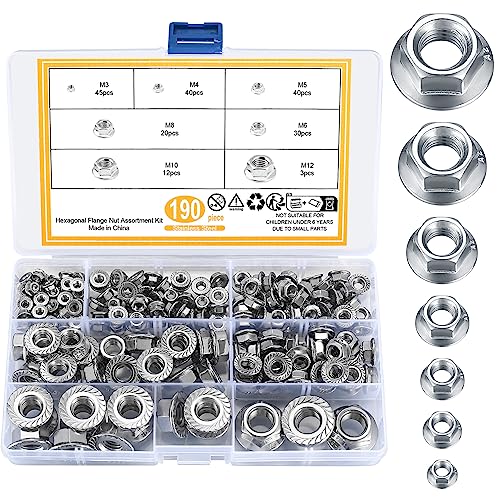 190 Stk Flanschmuttern mit Flansch und Sperrverzahnung, Sechskantflanschmutter Set, Sechskantmuttern Selbstsichernd Edelstahl, Sicherungsmuttern, Sperrzahnmuttern, M3/M4/M5/M6/M8/M10/M12 von ywchoshe