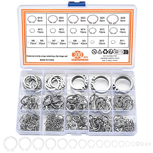 300 Stk Sprengringe, Sicherungsringe, Edelstahl E-Clip Externe C-Clips Haltering Unterlegscheiben, interne Sicherungsringe Sortiment Kit, für genutete Wellenbolzen,18 Größen von ywchoshe
