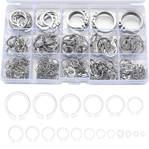 Ywchoshe 408 Stk Sprengringe, Sicherungsringe, Edelstahl E-Clip Externe C-Clips Haltering Unterlegscheiben, interne Sicherungsringe Sortiment Kit, für genutete Wellenbolzen, 18 Größen von ywchoshe