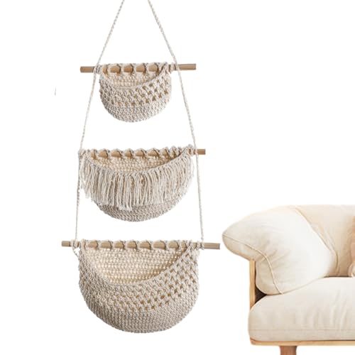 yztju Wattestäte Seilwandmontierkorb - 3 -lagiger praktischer Hanging Organizer | Stilvolle Wandlagertasche für Küchenlebenszimmer | Boho Seil Organizer für Toilettenartikel Mail -Pflanzen Dekoration von yztju