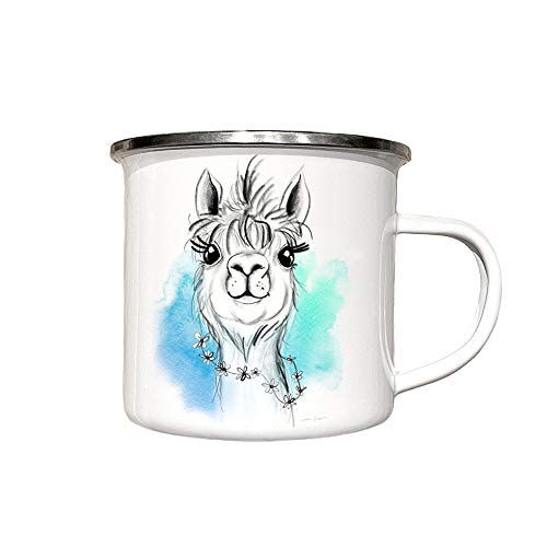 zAcheR-fineT-design Emaille Tasse ALPAKA - Campingbecher mit Aquarell Blau für Kinder u Erwachsene - Emailletasse Kaffeebecher - Geschenk Idee - Lustige Tasse weiß Tiermotiv (Aquarell Blau) von zAcheR-fineT-design