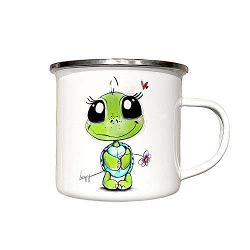 zAcheR-fineT-design Emaille Tasse Camping Becher Emailletasse für Kinder - weiß mit SCHILDKRÖTE HAPPY - Kaffeetasse Schildi Geschenk von zAcheR-fineT-design