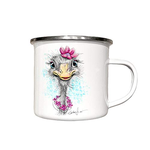 zAcheR-fineT-design Emaille Tasse Camping Becher Emailletasse für Kinder - weiß mit STRAUSS LUCY Prinzessin Straußenvogel - Kaffeetasse Geschenk Lustiger Vogel - für Mädchen Jungs - Mann und Frau von zAcheR-fineT-design