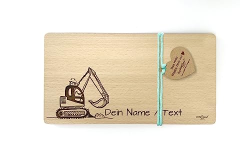 Holzbrettchen mit Bagger - personalisierbar mit Namen - Frühstücksbrett für Kinder mit Gravur - Geschenkidee Geburtstag Einschulung - zAcheR-fineT von zAcheR-fineT-design